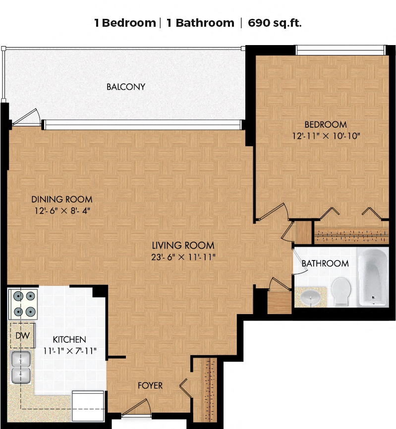 Floor plan for 1 bed, 1 bath, 740 sqft